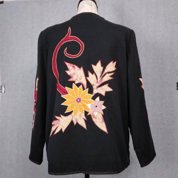 Alex Kim | Black Floral Embroidered Appliqué Linen Jacket Boho Fall|  | Size M - Picture 6 of 8